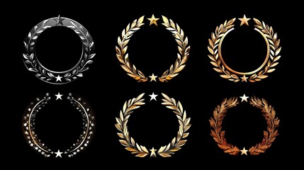 A set of shiny circular medals with laurel wreaths and stars, depicted in a vector illustration.