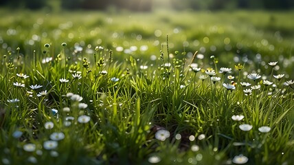 Field of Grass with Water Droplets and Soft Natural Bokeh Background