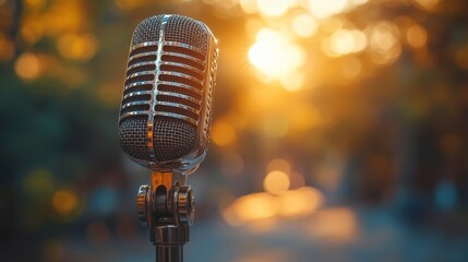 Vintage microphone outdoors at sunset.