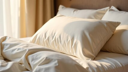 Luxurious beige pillows in satin, silk pillowcases on a wide bed. Bedding and accessories. Cozy home textiles