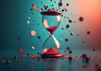 Hourglass surrounded by floating clocks in a surreal time-themed environment