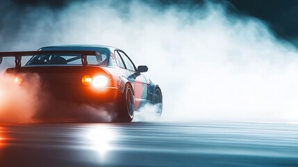 Car drifting, Blurred of image diffusion race drift car with lots of smoke from burning tires on speed track