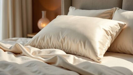 Luxurious beige pillows in satin, silk pillowcases on a wide bed. Bedding and accessories. Cozy home textiles