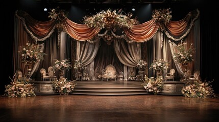 Fototapeta premium Elegant Grand Stage with Floral Decorations and Soft Drapery