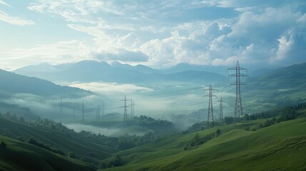Obraz premium Scenic Landscape with Power Lines and Foggy Mountain Background