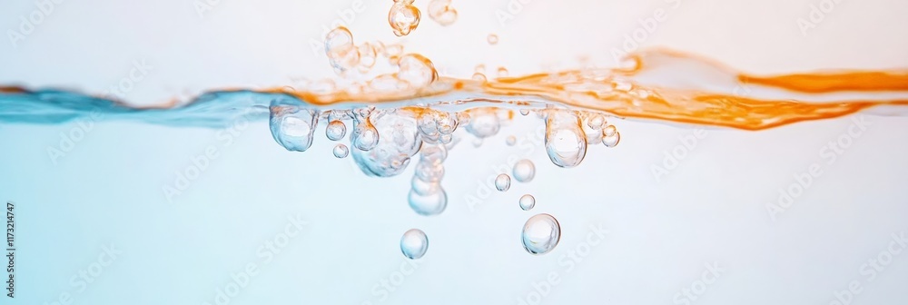 Poster Orange light illuminating rippling water with bubbles forming underwater, creating a refreshing and pure atmosphere ideal for projects focused on water and nature