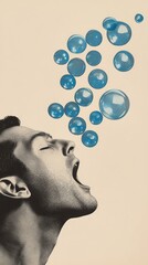 Minimalist collage, side view of a man's head with an open mouth and blue bubbles flying out from it on a beige background