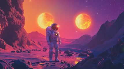 Fototapeta premium Astronaut Standing on Alien Landscape with Two Suns in Sky