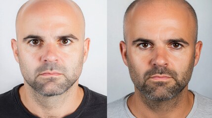 Before and after views of successful hair restoration treatment. Transformation showcasing renewed confidence and improved appearance through advanced medical solutions.