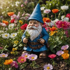 A garden gnome surrounded by blooming flowers.