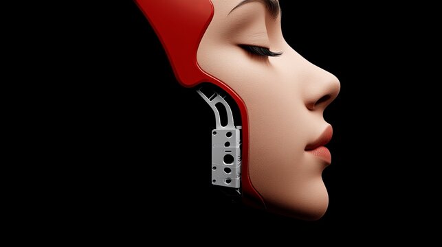 Cyborg Woman: A profile portrait of a woman with a futuristic, cybernetic face, showcasing a blend of human and mechanical elements. The image conveys a sense of both beauty and strength.