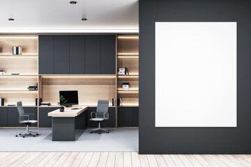 Modern executive office interior with wooden desk, chairs, shelves, and blank white vertical frame on dark wall. 3D Rendering