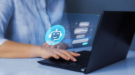 Chat bot  service concept. Virtual assistant and CRM software automation technology. Customer using...