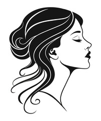 Vector illustration with white background and black silhouette of front view profile of elegant female head, with hair in high ponytail tied with ribbon, clean lines