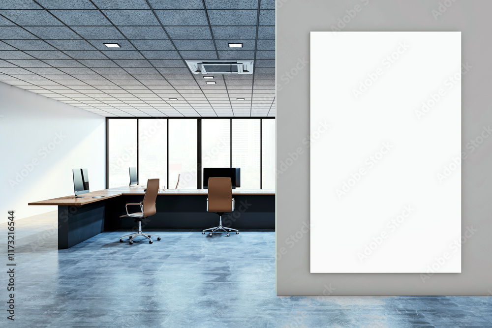 Poster modern executive office with large windows, spacious workspace, and white vertical mockup frame on t