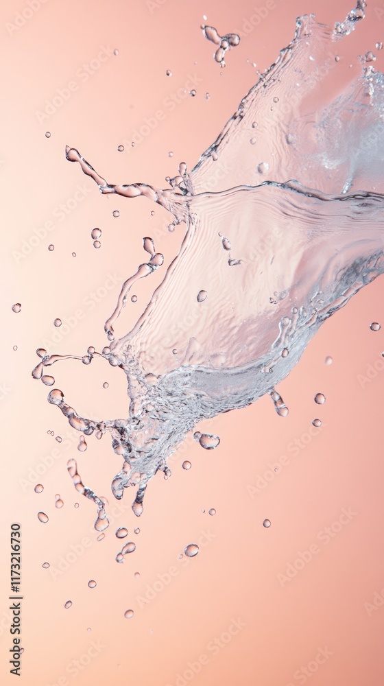 Poster Refreshing water is splashing and forming droplets on a calming pink background, creating a dynamic and visually appealing scene with potential uses for various design projects