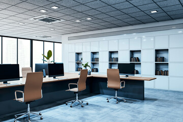 Modern office interior with clean design, featuring work desks, chairs, shelving, and large windows overlooking cityscape. 3D Rendering