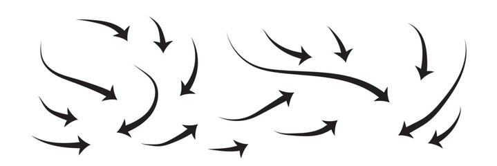 Colored hand drawn arrows on white background, Drawn  Thin arrows.