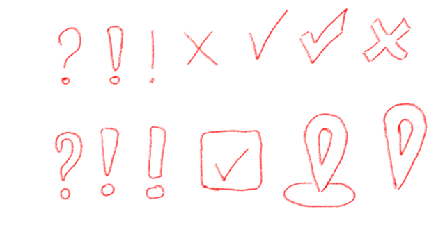 red icons, syllables, punctuation marks, question, check marks, location
