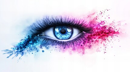 Close-up of a stylized eye with vibrant watercolor splashes.  A captivating image of beauty and artistry.