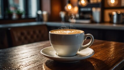 Fototapeta premium Warm latte art in cozy cafe setting with soft lighting and wooden table