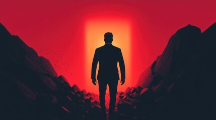 Obraz premium Businessmen and entrepreneurs who have gone through many failures and risen up to achieve success and goals. A confident professional emerging from rubble, staring at a glowing path forward.