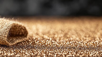 Glitter abstract background idea. Close-up of burlap fabric over a sparkling golden surface, creating a festive atmosphere.