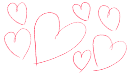  red hearts drawn with pencil, crayon on white background, illustration, set