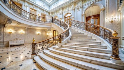 Fototapeta premium Elegant Marble Staircase: Panoramic View of Ornate Balustrades & Polished Steps