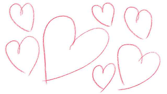 Fototapeta  red hearts drawn with pencil, crayon on white background, illustration, set