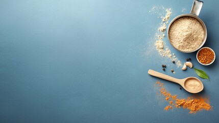 remix culture concept. Colorful Spices and Flour on Blue Background