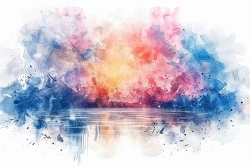 Fototapeta premium Vibrant sunset reflection over calm waters nature watercolor art tranquil environment aerial view serenity concept