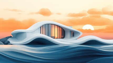 Modern Wave Shaped House Sunset Seascape