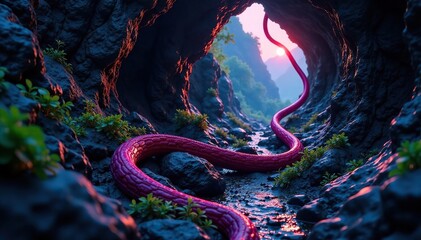 Licorice vine winding through a dark and mysterious cave, black, licorice, twisted