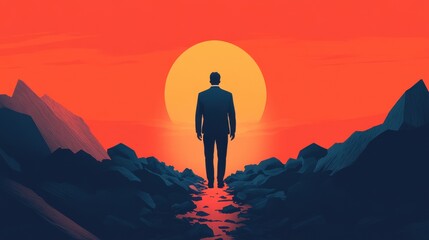Businessmen and entrepreneurs who have gone through many failures and risen up to achieve success and goals. A confident professional emerging from rubble, staring at a glowing path forward.