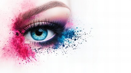 Close-up of a woman's eye with vibrant pink and blue makeup, creating a bold and artistic look.
