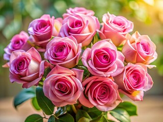 Obraz premium Elegant Pink Rose Bouquet, Shallow Depth of Field, Light Background Stock Photo