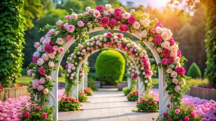 Fototapeta premium Elegant Pink Rose Archway with Circular Platform - Romantic Garden Portrait Photography