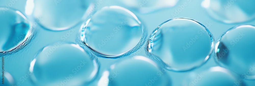 Poster Resting on a smooth blue surface, translucent water droplets create a mesmerizing pattern of concentric rings and reflections, evoking purity and tranquility