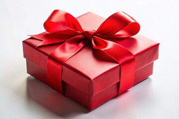 Obraz premium Elegant Red Gift Box with Ribbon Bow on White Background - Festive Season Gift