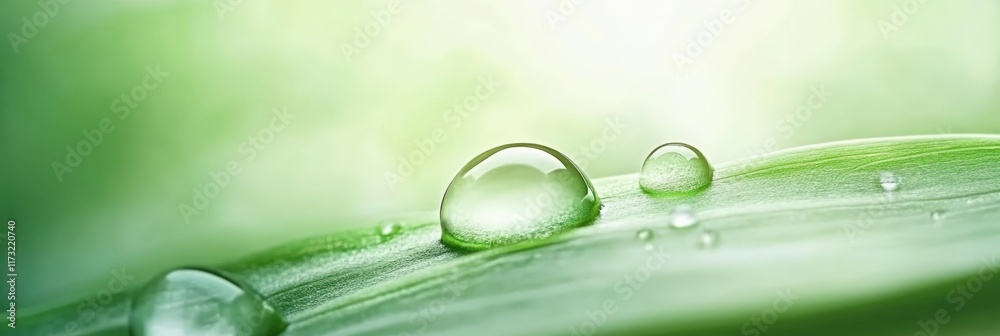 Poster sparkling water droplets rest on a vibrant green leaf, capturing the essence of nature's freshness a