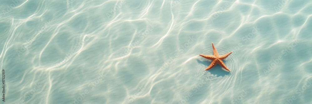 Poster Orange starfish is gently floating on a rippling turquoise water surface, creating concentric circles, illuminated by sunlight, evoking tranquility and the beauty of marine life