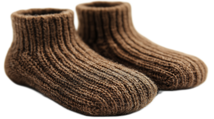 Cozy Brown Baby Socks: A pair of adorable, hand-knitted brown baby socks, perfect for keeping tiny toes warm and cozy. The ribbed texture adds a touch of charm. 