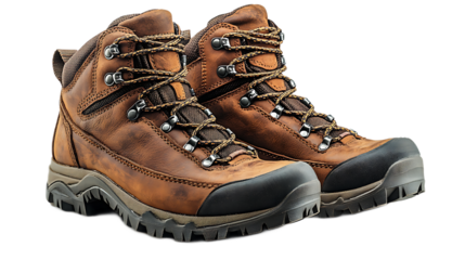 Durable Hiking Boots: A pair of sturdy brown leather hiking boots, crafted for durability and comfort. These boots feature a rugged outsole, sturdy laces, and a timeless design.