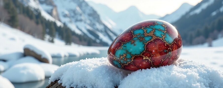 Natural mookaite cabochon against snowy landscape, earthy, cabochon