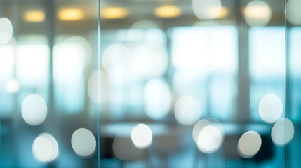 Blurred office interior with glowing bokeh highlights, ideal for corporate headers, wallpapers, and tech presentations