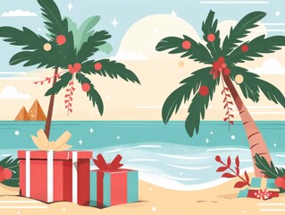 Obraz premium A vibrant beach scene featuring palm trees, colorful gifts, and a serene ocean backdrop, capturing a festive holiday spirit.