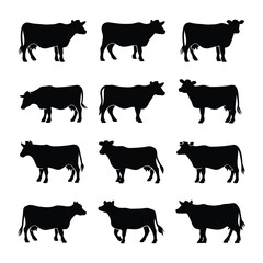 Set of Cow animal silhouette. Beautiful Cow silhouette isolated on white background. Cow vector illustration.