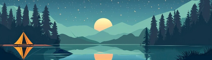 Naklejka premium A tranquil landscape featuring a serene lake, mountains, and a vibrant sunrise or sunset, surrounded by tall trees under a starry sky.