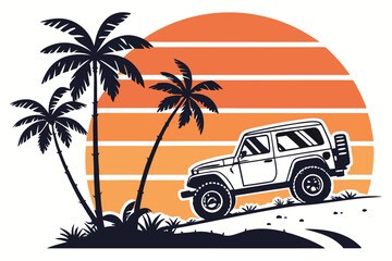 Off-roading vehicle and palm tree silhouettes on a retro vintage background with sunset-inspired colors, vibrant gradient hues, and a nostalgic, adventurous vibe; vector-style design perfect for T-shi
